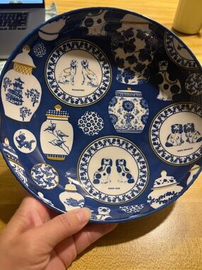 #17385**Blue & White Decorative Dog Motif Ceramic Bowl - Home Art